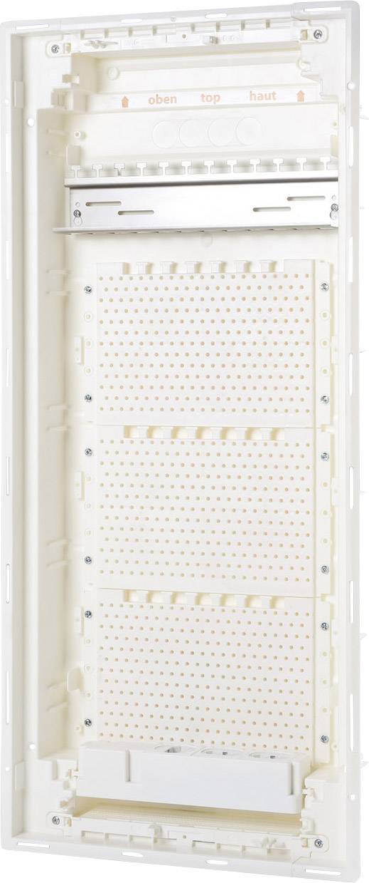 De afbeelding toont een lege verdeelkast met gaten voor de kabelaansluiting. Bovenaan staat 'boven'. De kast is wit en rechthoekig.