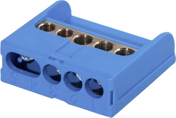 Een blauwe elektrische stekker met vijf gaten voor draadbevestiging, gemarkeerd met de nummers 1 tot 5.