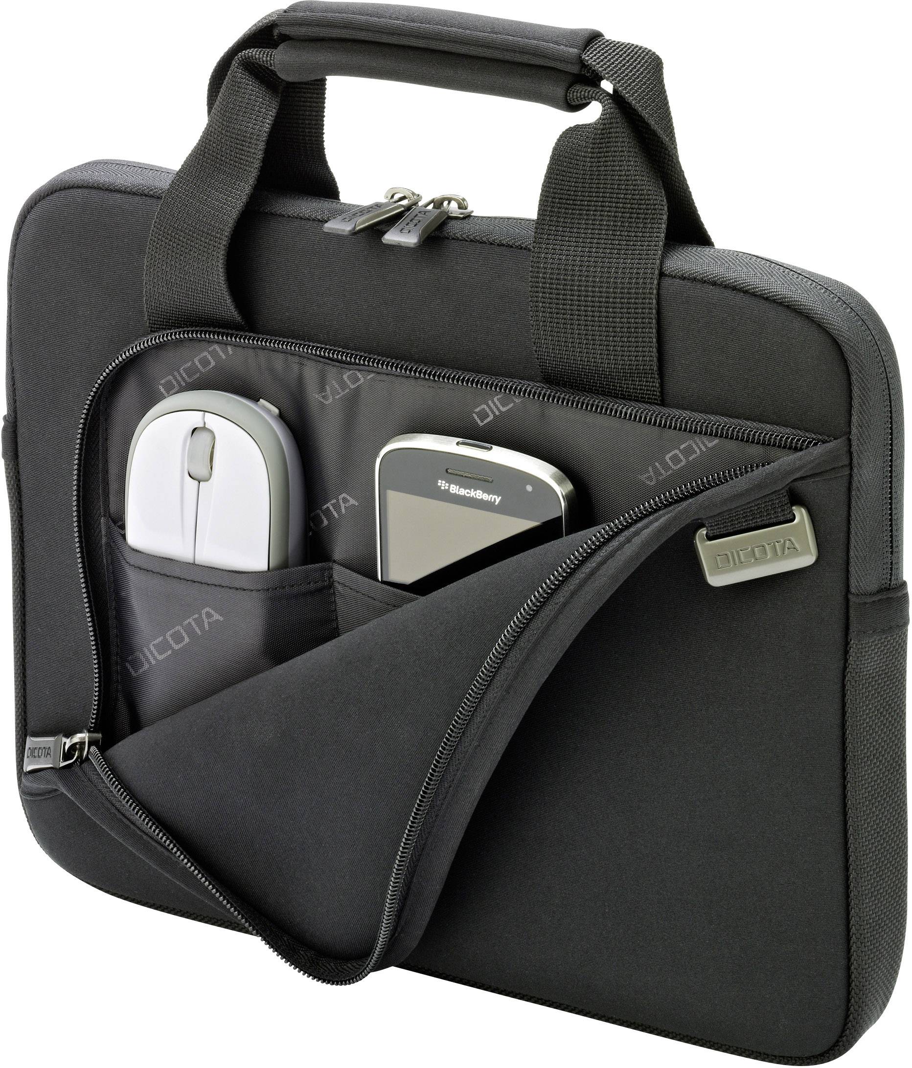 Een zwarte laptoptas met twee handvatten. De voorste tas toont een muis en een smartphone.