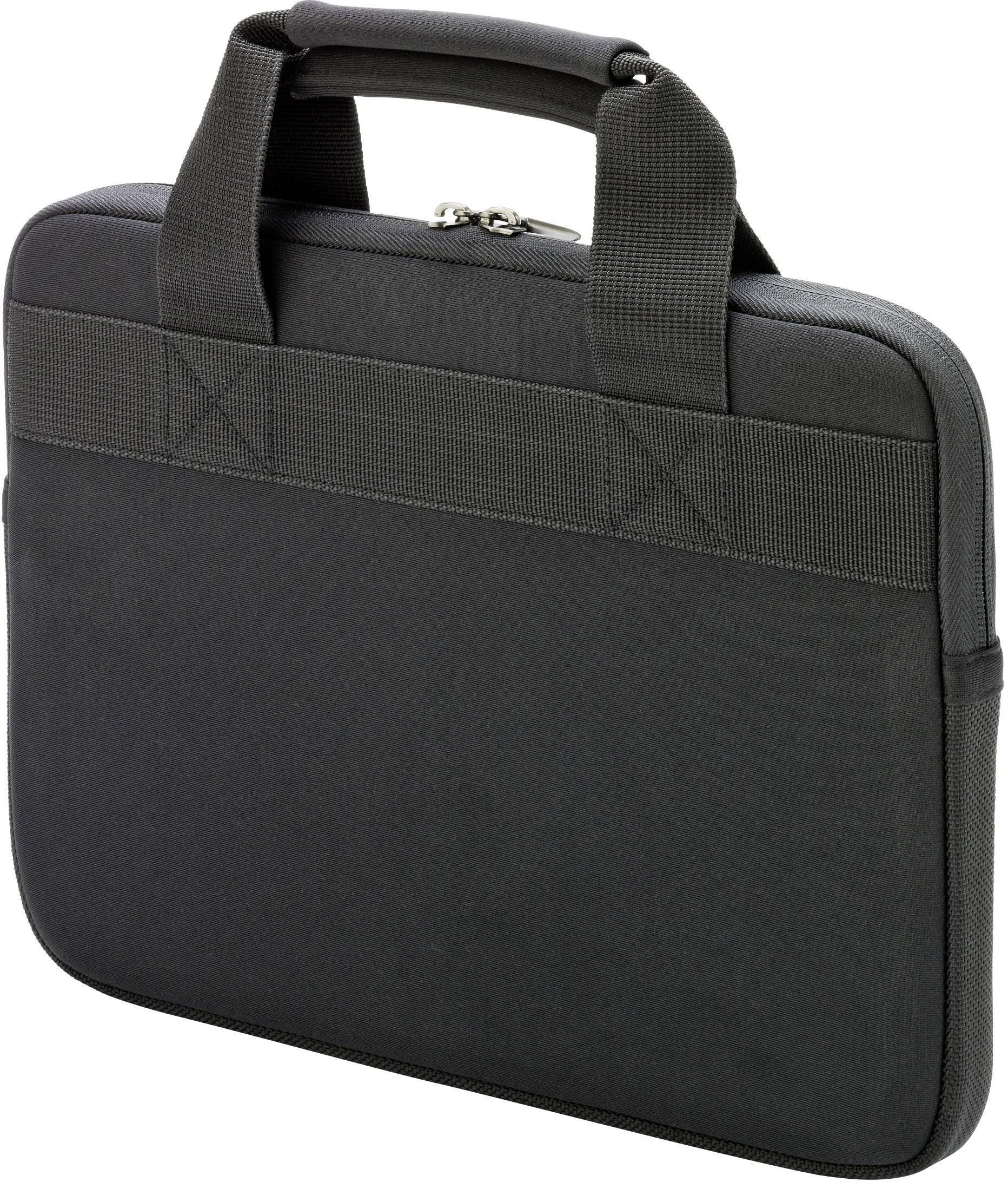 Zwarte laptoptas met twee handgrepen en een rits aan de bovenkant, geschikt voor het vervoeren van een laptop.