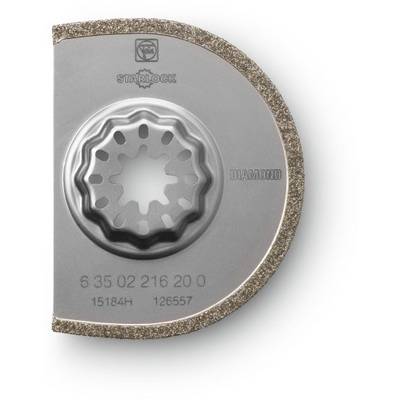 'D-vormig Starlock diamantzaagblad met getande binnenring en zilveren coating. Geschikt voor precisiesnedes in harde materialen.'