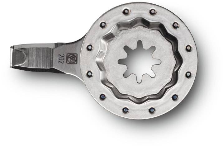 Metalen rond gereedschap met een getande binnenrand en een platte handgreep. Markering '202' zichtbaar op het oppervlak.