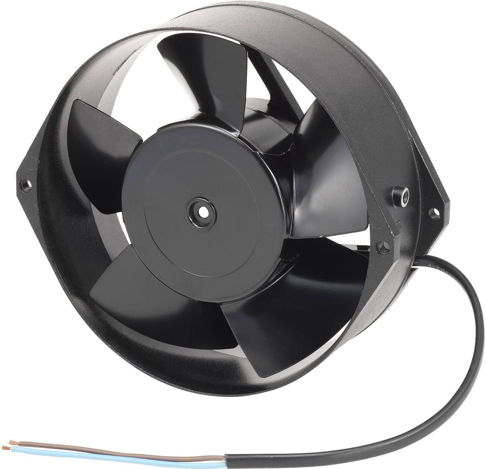 Een zwarte, ronde ventilator met vijf vleugels en een aansluitkabel. Hij is ontworpen voor ventilatie-doeleinden in technische apparaten.