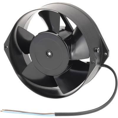 Een zwarte, ronde ventilator met vijf vleugels en een aansluitkabel. Hij is ontworpen voor ventilatie-doeleinden in technische apparaten.