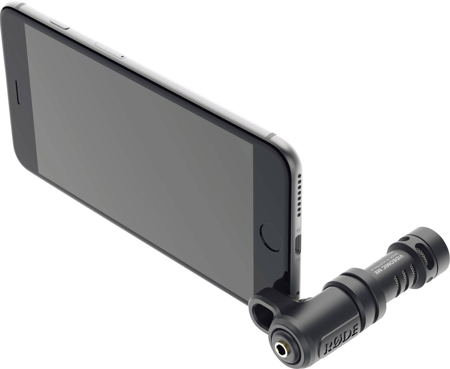Een zwarte smartphone met een daaraan verbonden microfoon. De microfoon is aan de zijkant bevestigd en wijst naar voren.