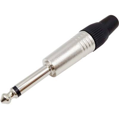 Een enkele jackplug met metalen behuizing en zwarte kabelmantel, gebruikelijk voor het aansluiten van audio-apparatuur.