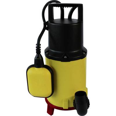 Afbeelding toont een gele waterpomp met zwarte handgreep en kabel. Deze wordt gebruikt voor het wegpompen van water bij bouw- en tuinprojecten.
