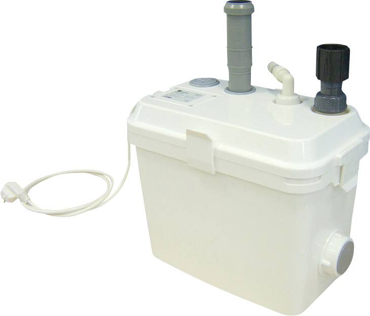 Sanitaire pomp met meerdere aansluitingen, wit behuizing, stroomkabel zichtbaar aan de zijkant. Geschikt voor de afvoer van afvalwater.