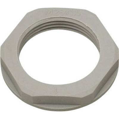 Een zeskante metalen moer met binnendraad, aan de zijkant gemarkeerd met 'M25x1.5'.