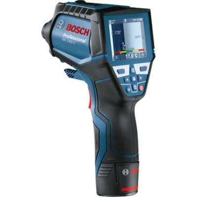 Bosch infrarood-thermometer met display, toont temperatuur van 17,0°C, blauw en zwart van kleur, ergonomisch ontwerp, professioneel gereedschap.