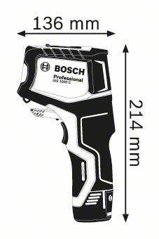 Een zwart-wit diagram toont een infraroodthermometer van Bosch Professional met afmetingen van 136 mm breed en 214 mm hoog.
