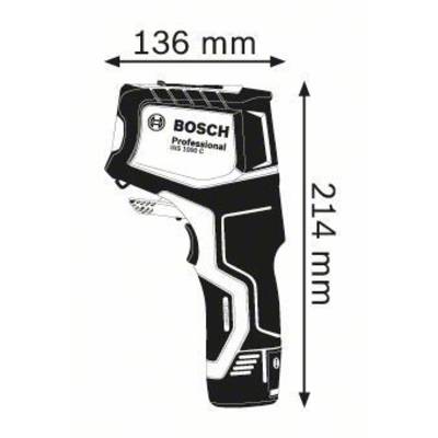 Een zwart-wit diagram toont een infraroodthermometer van Bosch Professional met afmetingen van 136 mm breed en 214 mm hoog.