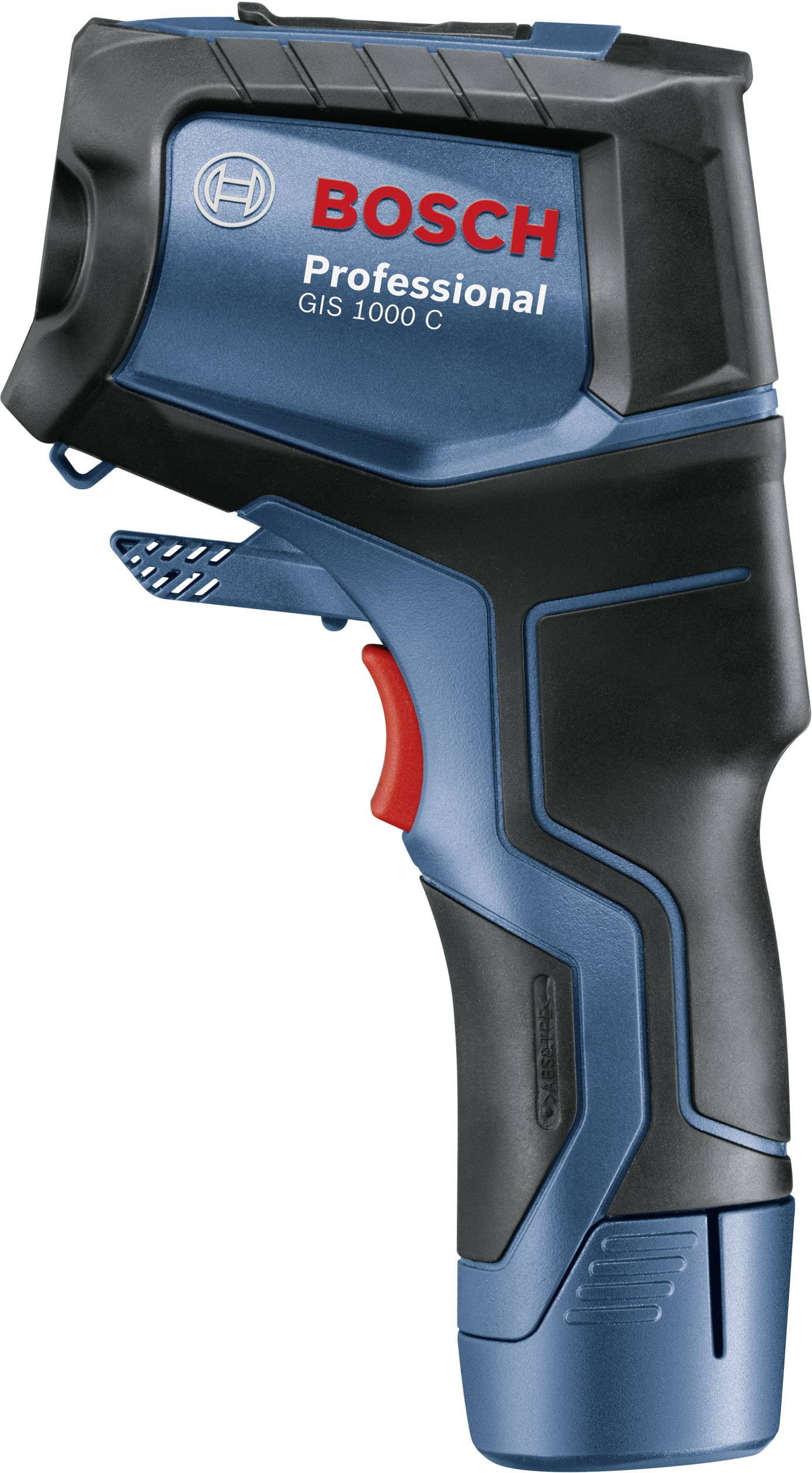 Een blauw-zwart infrarood-thermometer van Bosch, model GIS 1000 C Professional, met rood-blauwe accenten en een ergonomische handgreep.