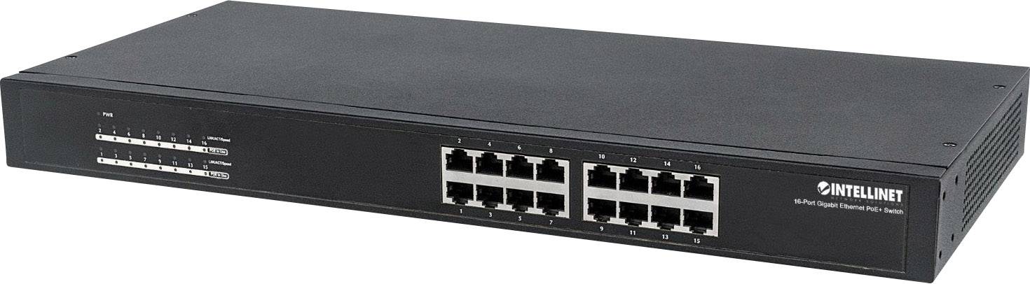 Een zwarte Ethernet-switch met 16 poorten, aangeduid als 'Intellinet 16-Poorts Gigabit Ethernet Switch', geschikt voor netwerken.