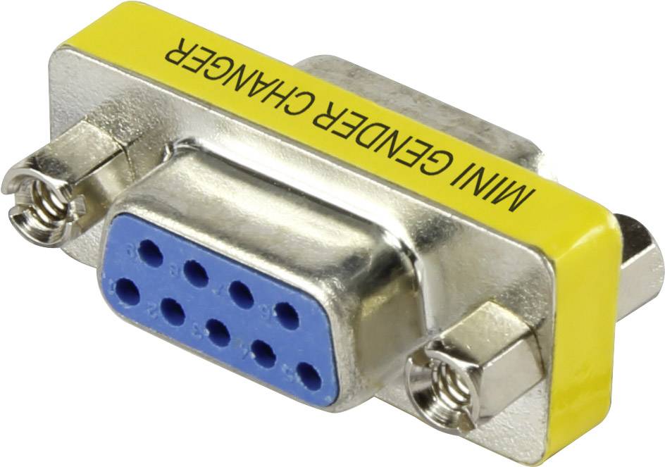 Een gele mini-gender-changer met een blauwe interface en een metalen behuizing. Wordt gebruikt voor het adapteren en verbinden van kabels.