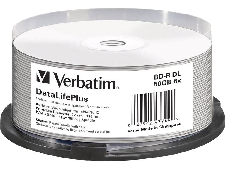 Verbatim BD-R DL 50GB 6x Wide Printable 25 Pack Spindle No ID Brand (43749)