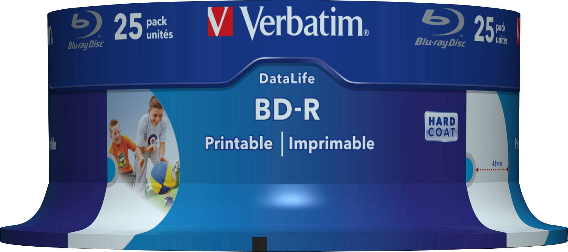 Verbatim DataLife BD-R-verpakking met 25 beschrijfbare, bedrukbare Blu-ray-discs met Hardcoat-laag.