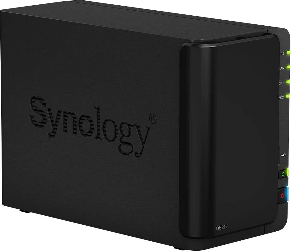 Zwart rechthoekig Synology NAS DS216 toestel met meerdere aansluitingen en verlichte LED-indicatoren aan de voorkant.