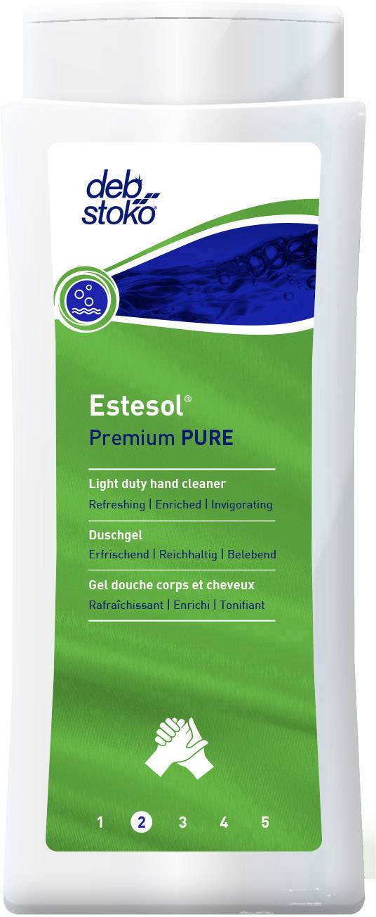 Container met deb stoko Estesol Premium PURE handreiniger. Bevat een herstellende, verfrissende douchegel voor handen, lichaam en haar.