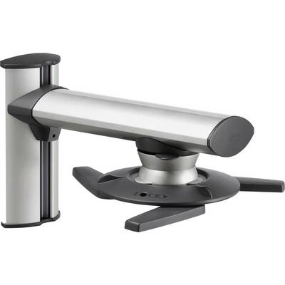 Houder met een zwenkbare metalen en kunststof arm, geschikt voor het bevestigen van monitors of andere apparaten aan muren.