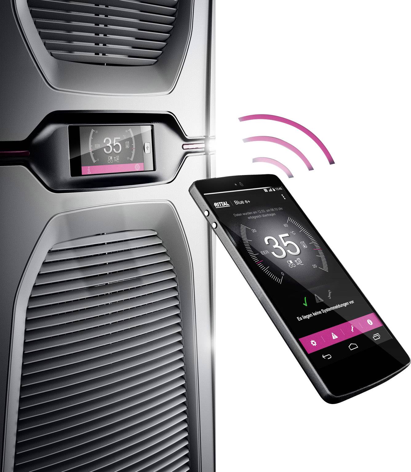 Een smartphone bestuurt een verwarmingseenheid draadloos. Beide displays tonen '35°C'. Verbinding gesymboliseerd door een roze radiosignaal.