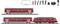 Een modeltrein-set bestaande uit een rode locomotief, twee dubbeldeks wagons, railstukken, een besturingsapparaat en kabels.