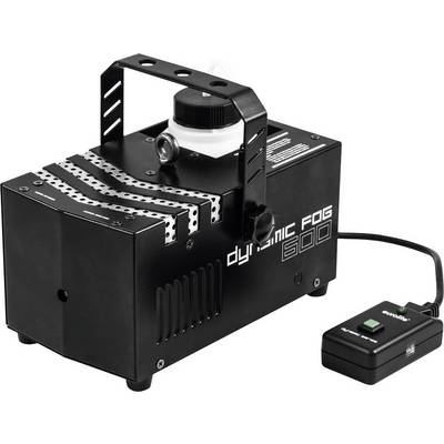 Rookmachine met zwart behuizing, handgreep en bedieningsapparaat ernaast. Markering 'dynamic fog 600' aan de zijkant.
