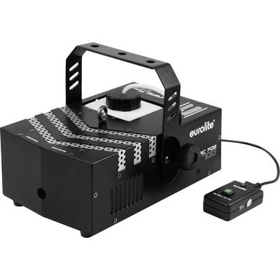 Zwarte podium-rookmachine met handgreep, bedieningspaneel en aangesloten kabel. Merk 'eurolite' herkenbaar aan de bovenkant.