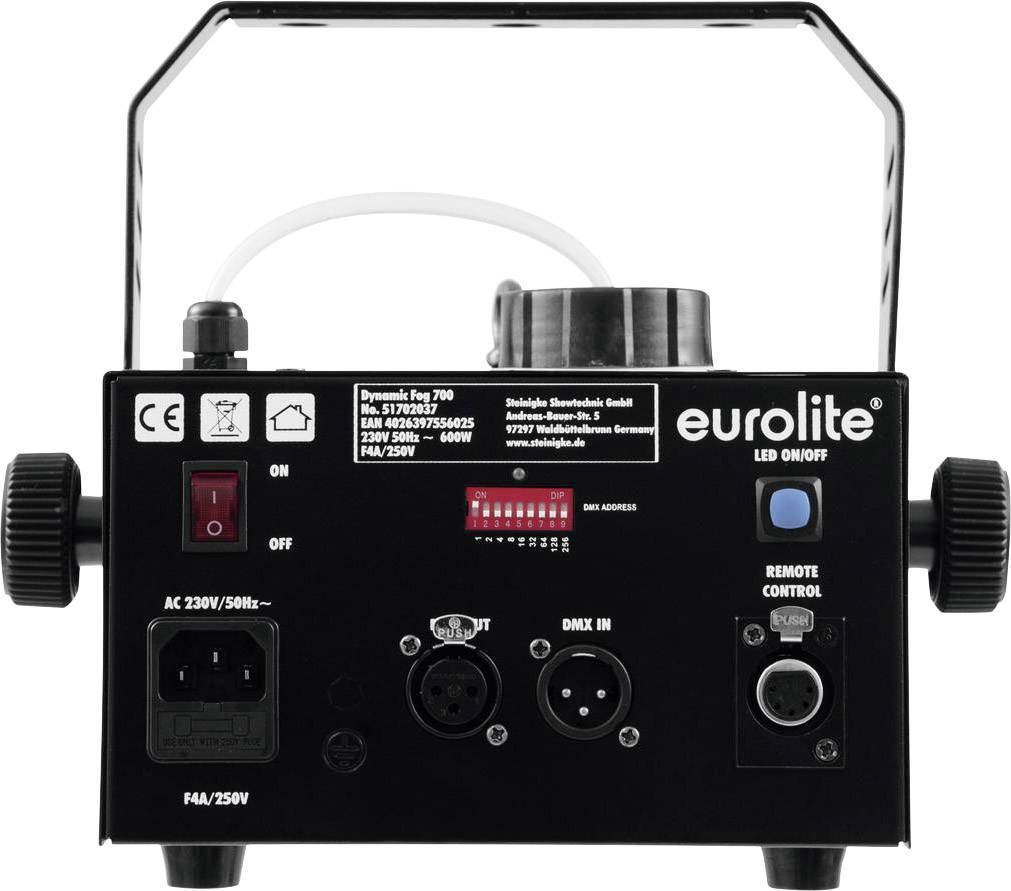 'Eurolite DMX-Controller' toont verschillende aansluitingen en schakelaars voor het bedienen van lichteffecten; merken- en technische informatie zichtbaar.