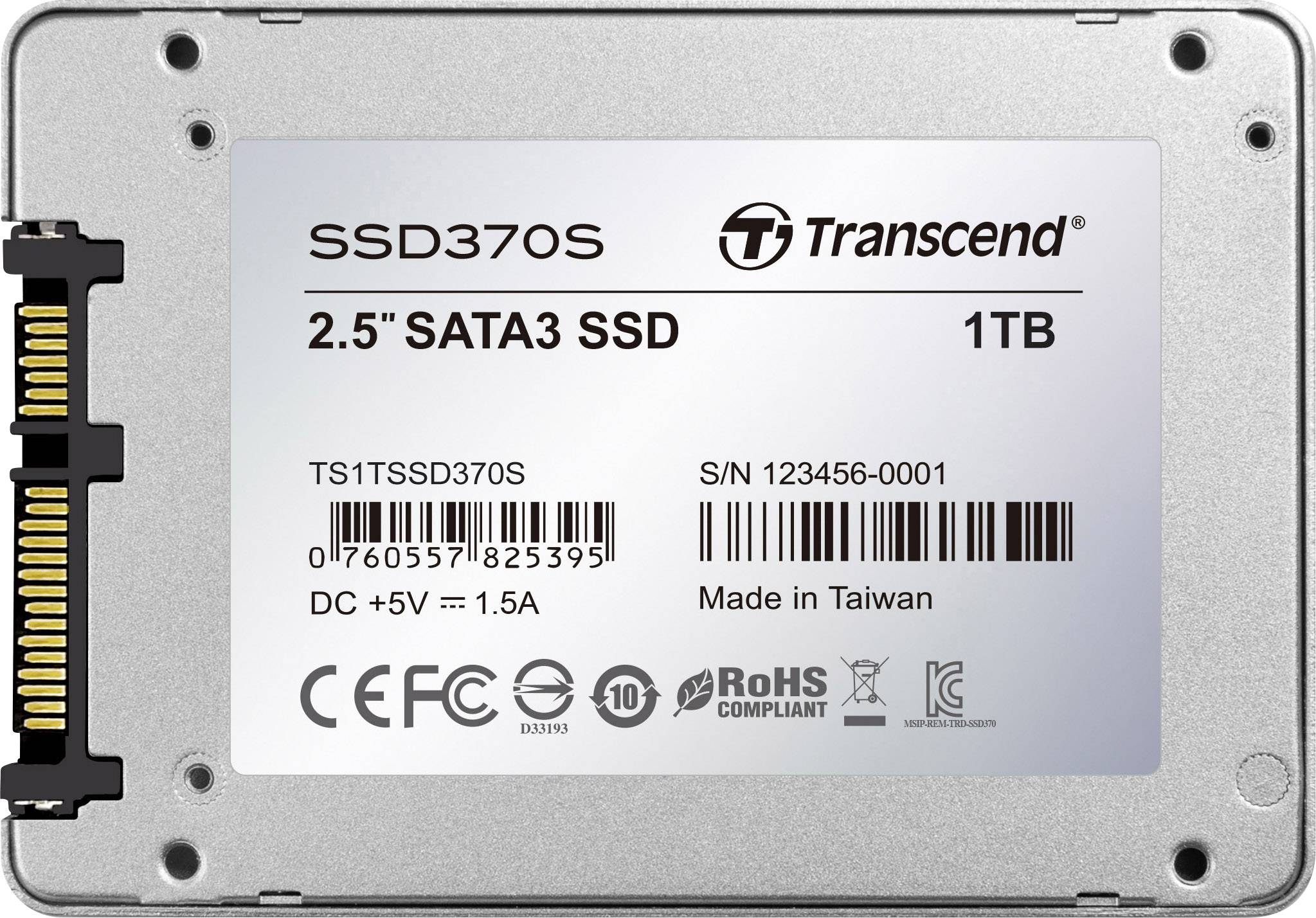 'Zilveren SSD van Transcend met 1TB opslagcapaciteit, model SSD370S, 2,5" SATA3. Etiket toont technische specificaties en certificeringen zoals CE en RoHS.'