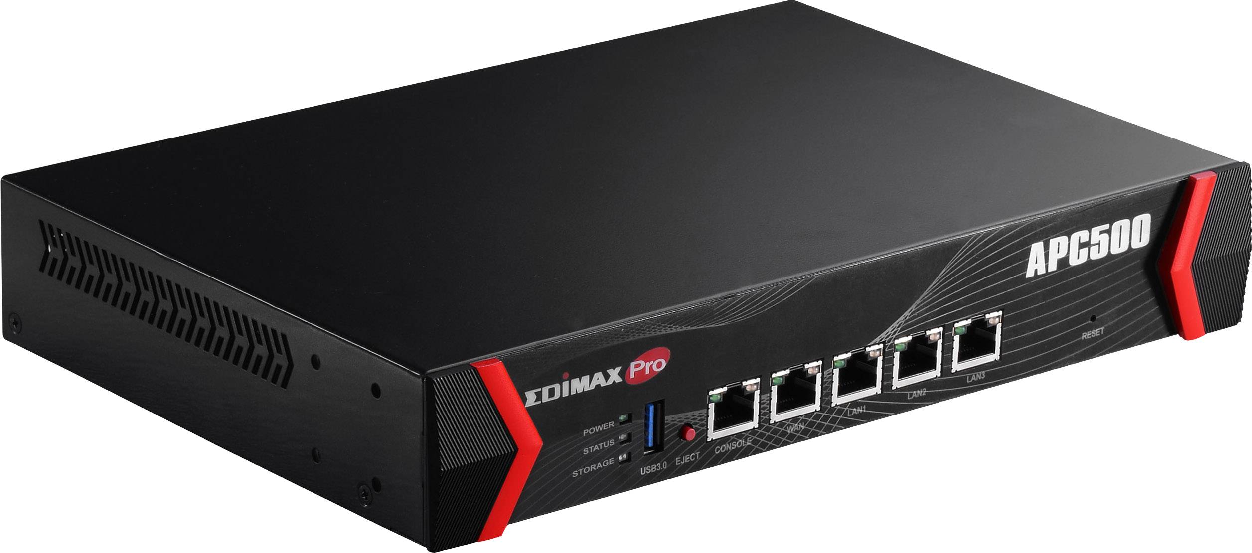 Een zwarte Edimax Pro-netswitch met het model 'APC500', vijf Ethernet-poorten aan de voorkant.