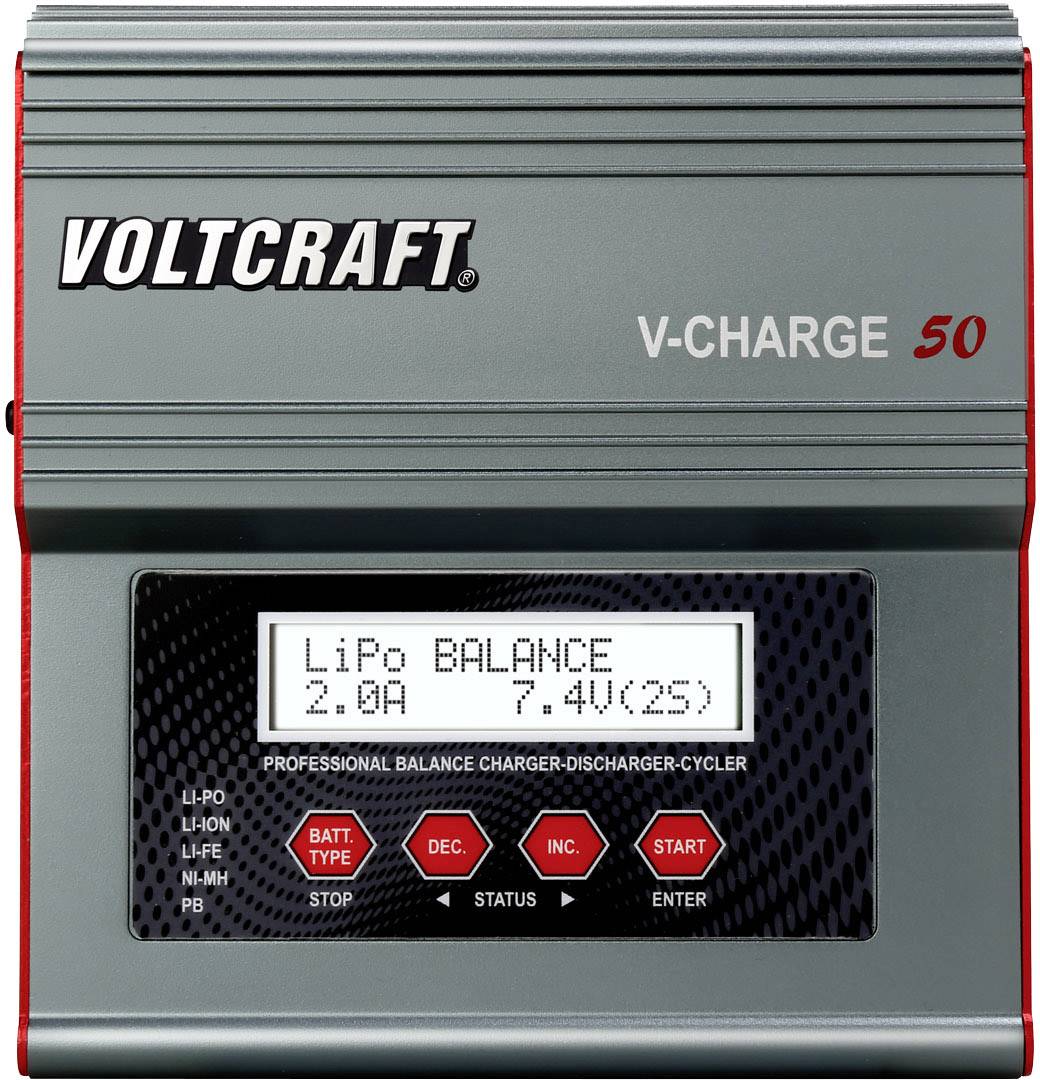 Oplader met display toont 'LiPo BALANCE 2.0A 7.4V(2S)'. Apparaat aangeduid als VOLTCRAFT V-CHARGE 50, functies zoals moduskeuze en start.