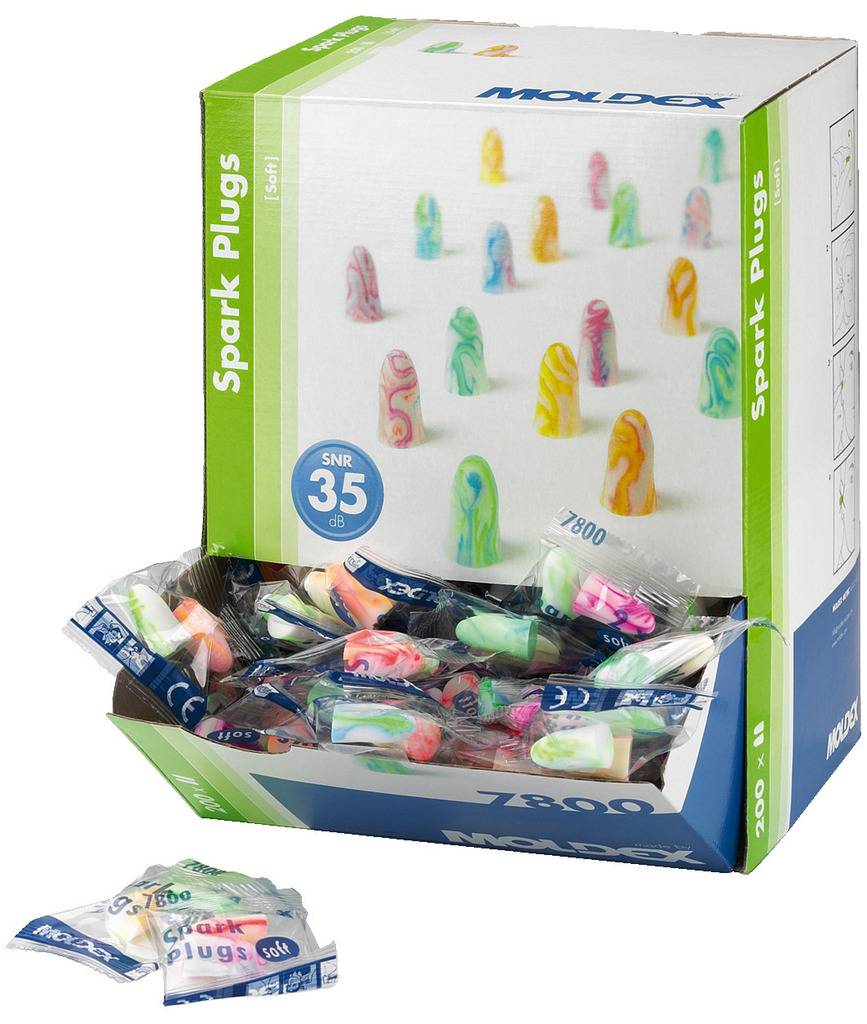 Een doos met kleurrijke oordoppen van het merk 'Moldex Spark Plugs'. Op de verpakking staat 'SNR 35 dB'. Bevat veel individueel verpakte oordoppen.