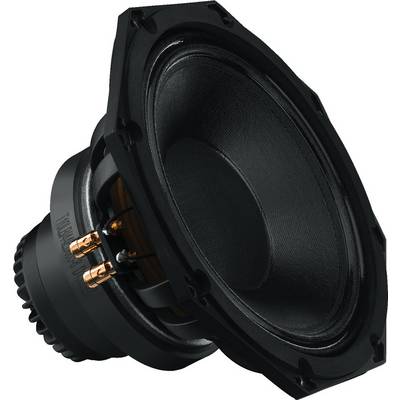 'Zwarte luidspreker, afgeschuind ontwerp, met zichtbare aansluitingen; geschikt voor diepe geluiden in audiosystemen.'