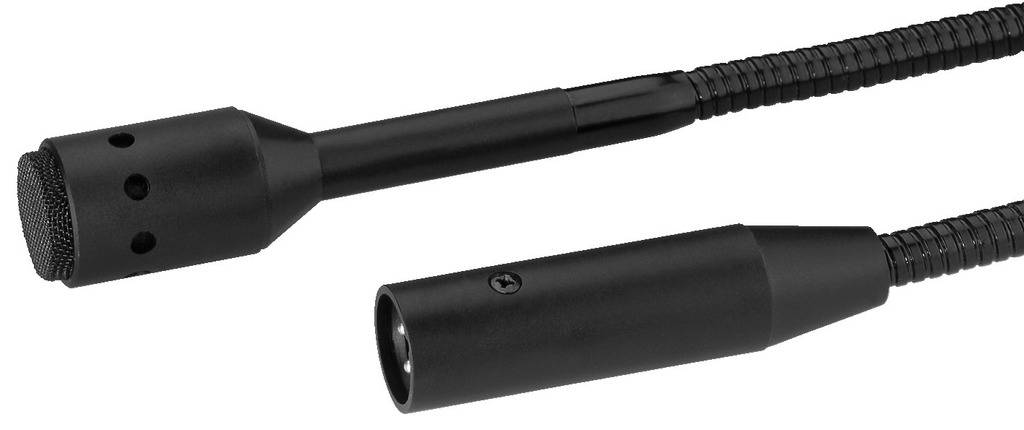 Twee zwarte microfoons met flexibele zwanenhals, een bol en een richtmicrofoonkapsule.