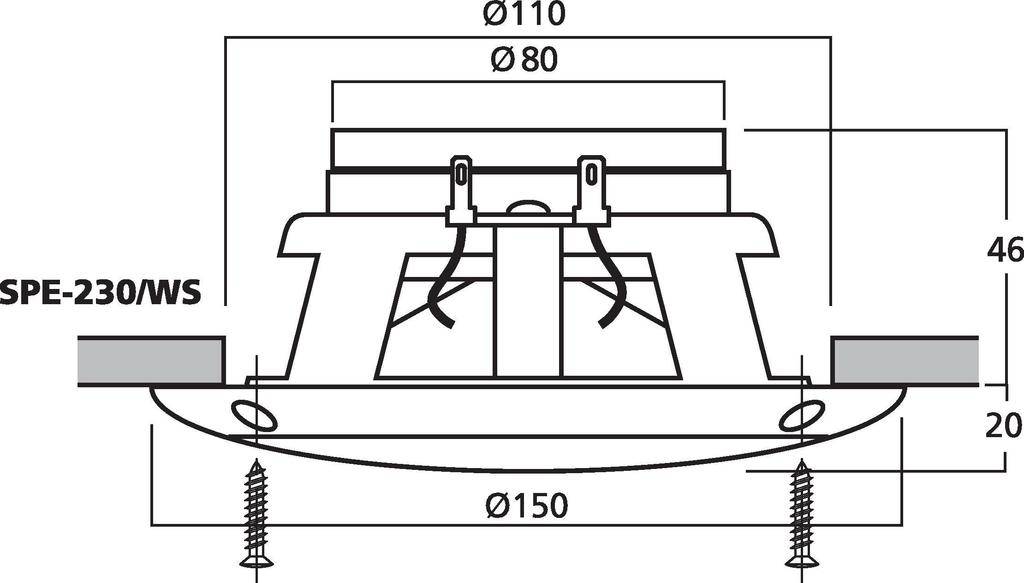 Technische tekening van een luidspreker, model SPE-230/WS, met de afmetingen: diameter boven 80 mm, totaal 110 mm, onder 150 mm; hoogte 46 mm.