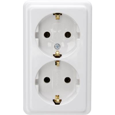 Witte dubbele wandcontactdoos, geschikt voor twee Europese stekkers.