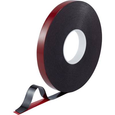 Zwart, dubbelzijdig plakband op rol. Eén strook van het band toont de kleefoppervlakken, één zwart en de andere rood.