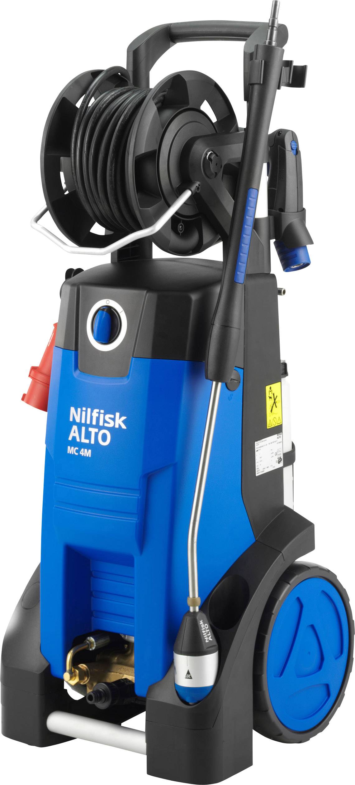 Hogedrukreiniger met blauwe en zwarte behuizing, slanghaspel en handgreep. Merk 'Nilfisk ALTO' op de voorkant.