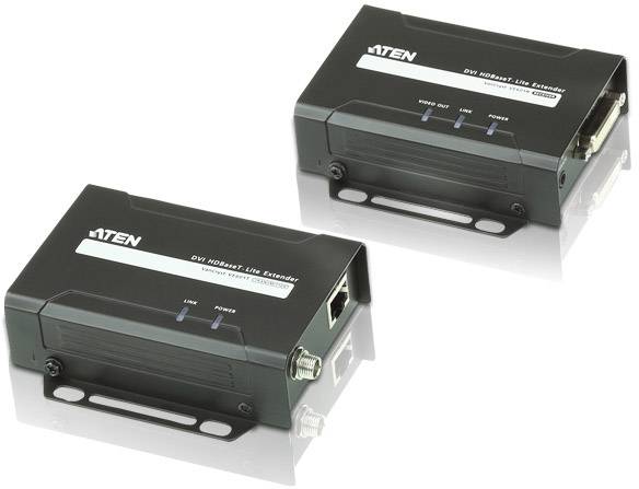 Twee zwarte DVI-extender-apparaten van ATEN, die worden gebruikt voor het overbrengen van DVI-signalen over grote afstanden.
