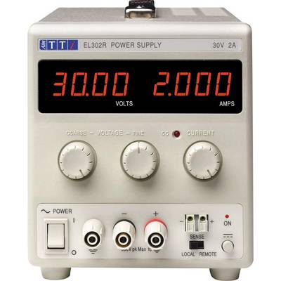 Laborvoedingsapparaat met digitaal display toont '30.00 V' en '2.000 A'. Draaiknoppen voor spanning en stroomsterkte, aan-/uitschakelaar, aansluitklemmen onderaan.
