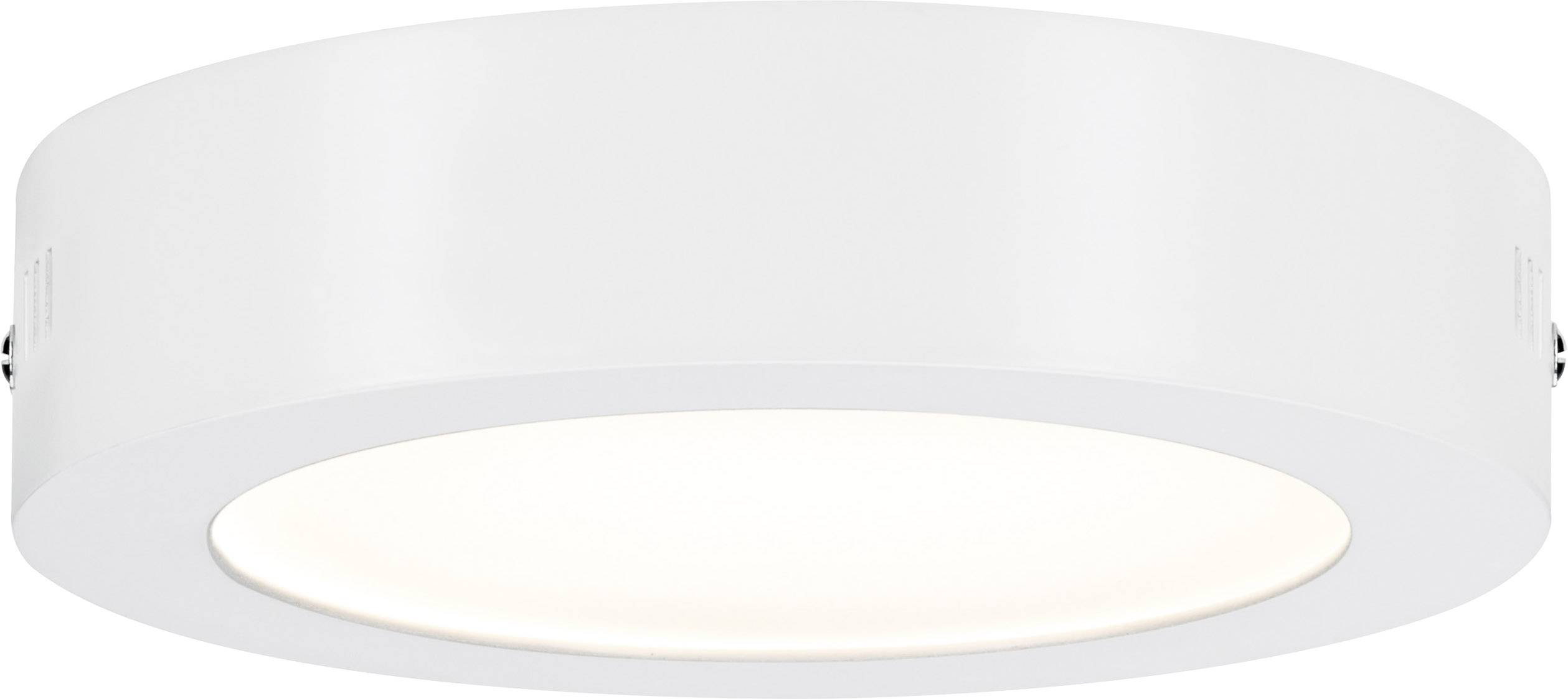 Ronde, witte plafondlamp met een eenvoudig design; geeft warm wit licht. Ideaal voor moderne interieurs.