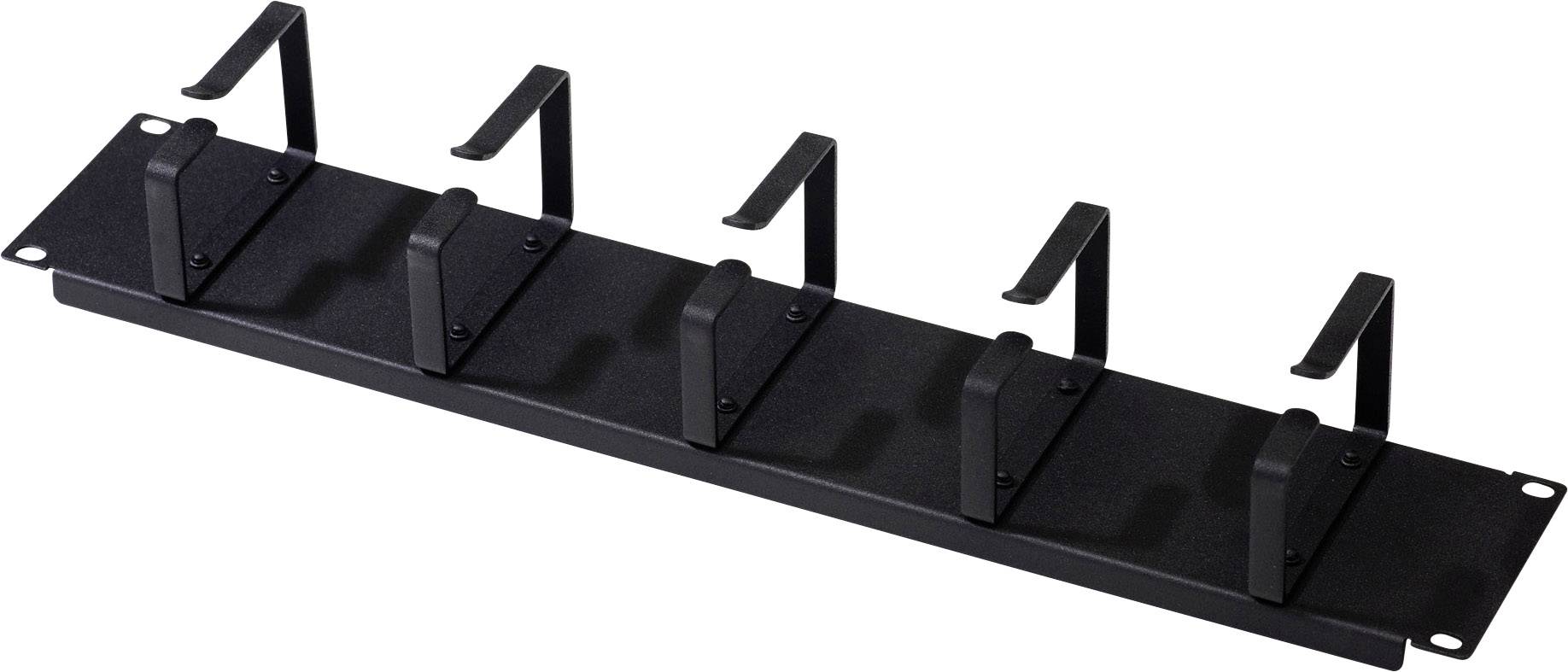 Metalen kabelbeheerpaneel met zes verticale haken voor het organiseren van kabels, geschikt voor gebruik in racks.