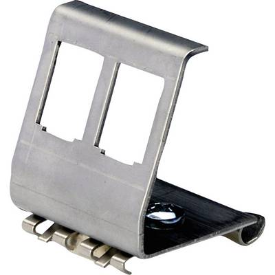 Een metalen klem met twee rechthoekige uitsparingen, bevestigd op een schroef. Gebruikt voor kabel- of draadbevestiging.