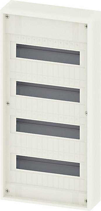 Lege, witte zekeringkast in rechthoekige vorm met vier horizontale rails voor schakelapparatuur of zekeringen.