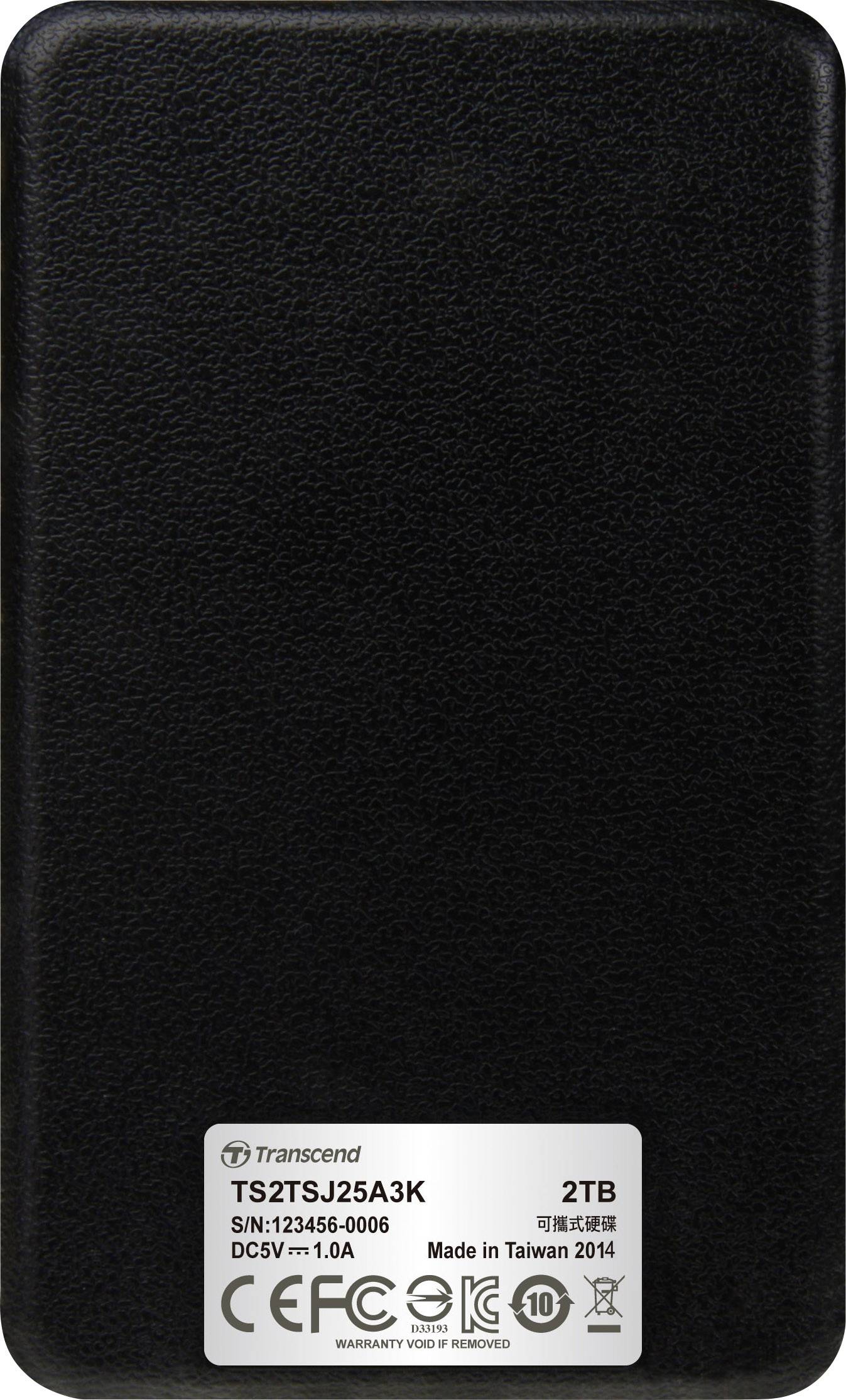 Externe harde schijf, zwarte behuizing, 2TB opslagcapaciteit, modelnummer zichtbaar op het etiket, vervaardigd in Taiwan, 2014.