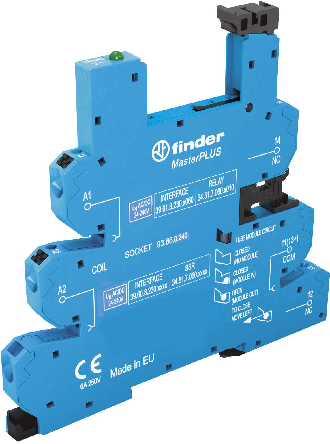 Blauw Finder-relaismodule 'MasterPLUS' met specificaties en schakelschema's bedrukt. Europees product, 6A 250V.