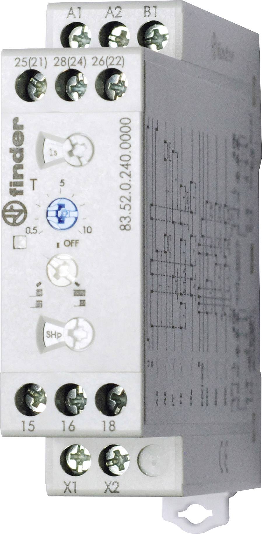 Industrieel relais met meerdere schroefklemmen en opdruk 'Finder', toont diagramma's en instellingen aan de voorzijde.