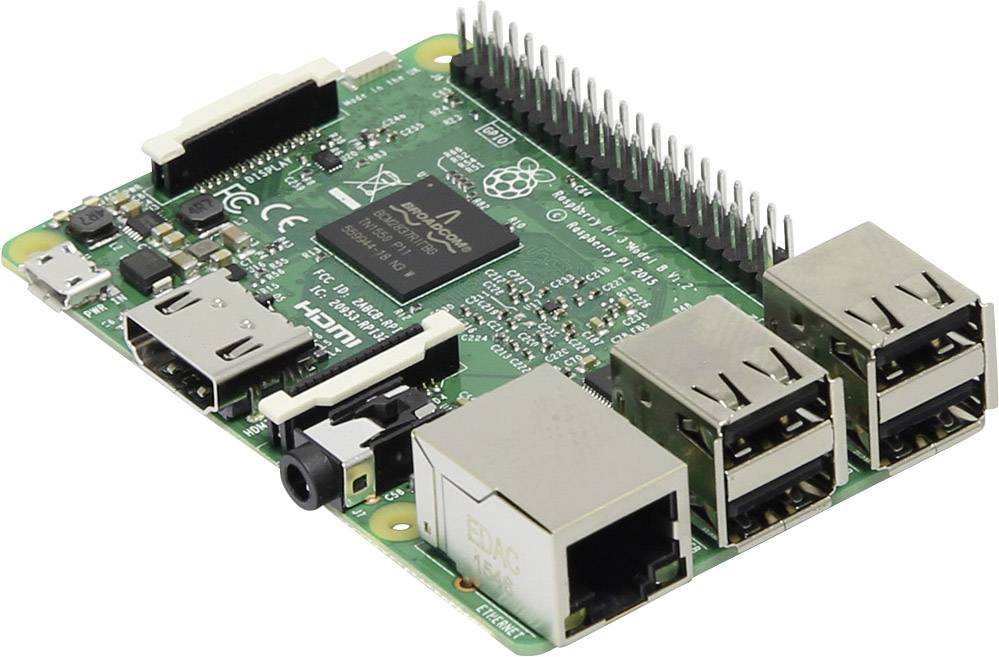 Een Raspberry Pi-printplaat met meerdere USB-poorten, een HDMI-uitgang en een Ethernet-aansluiting.