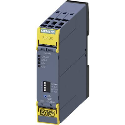 Industriële relais met geel etiket 'SIRIUS', zwarte behuizing, LED-indicatoren en resetschakelaar onderaan.